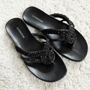 Covington - Embellished Beaded Flip Flop Sandals in Black Color